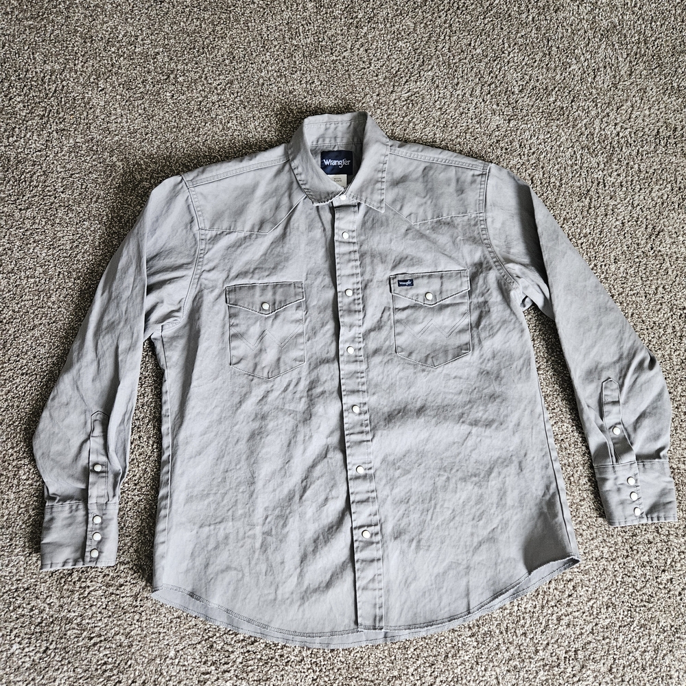 Wrangler Work Shirt Men XL Grey Western Cowboy Cut Pearl Snap Canvas Firm Finish